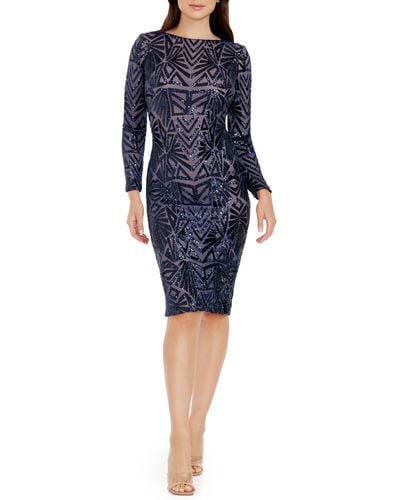 Dress the Population Emery Long Sleeve Sequin Cocktail Dress - Blue