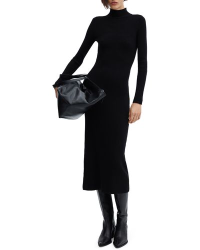 Mango Mock Neck Long Sleeve Rib Sweater Dress - Black