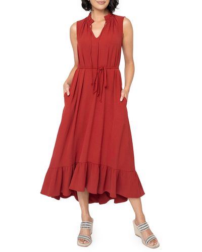 Gibsonlook Sienna Split Neck Tie Waist Ruffle Hem High-low Dress - Red