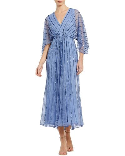 Mac Duggal Beaded Stripe Midi Dress - Blue