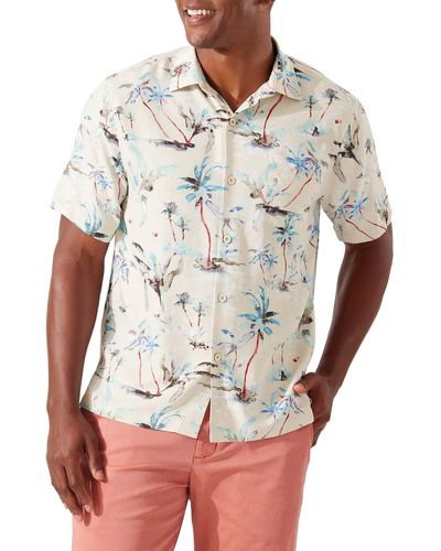Tommy Bahama Glass Beach Palms Print Silk Short Sleeve Button-up Shirt - White