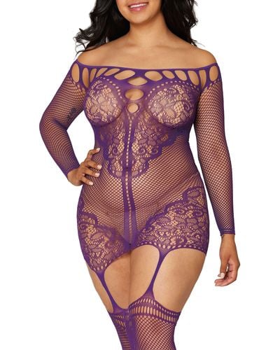 Dreamgirl Fishnet Garter Dress With Thigh High Stockings - Purple