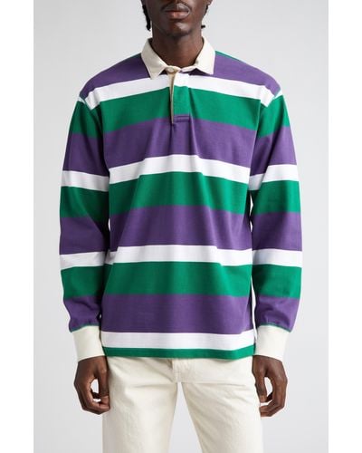 Drake's Stripe Long Sleeve Rugby Polo - Green