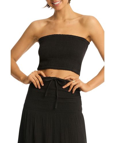 Sea Level Sunset Strapless Cotton Gauze Cover-up Top - Black