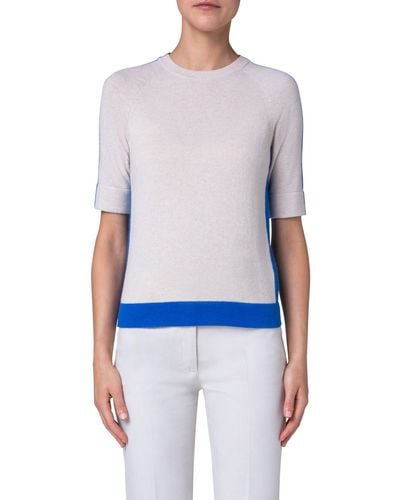 Akris Colorblock Short Sleeve Cashmere Sweater - Blue