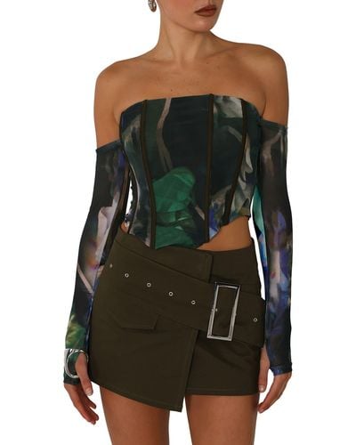BY.DYLN By. Dyln Cleo Abstract Print Long Sleeve Mesh Corset - Green