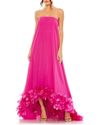 Mac Duggal Strapless Feather Hem High Low Gown - Pink