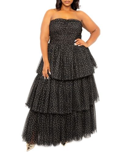 Buxom Couture Metallic Polka Dot Strapless Tiered Tulle Dress - Black