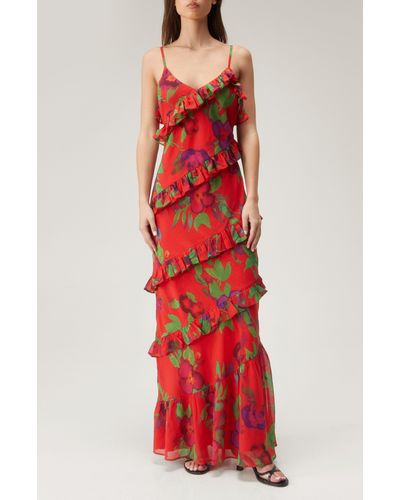 Nasty Gal Floral Tie Ruffle Chiffon Maxi Dress At Nordstrom - Red