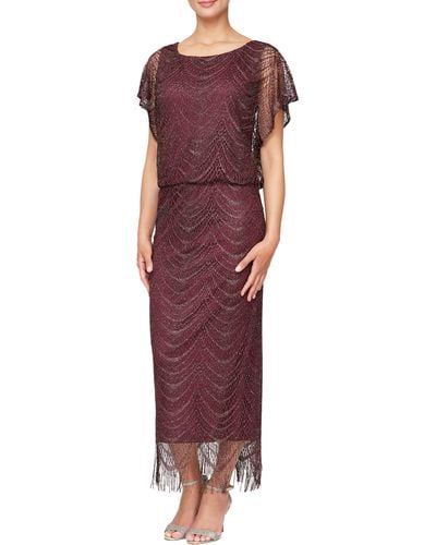 Sl Fashions Metallic Crochet Lace Blouson Dress - Red