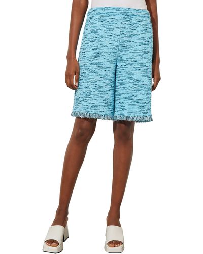 Ming Wang Fringe Trim Tweed Pull-on Bermuda Shorts - Blue