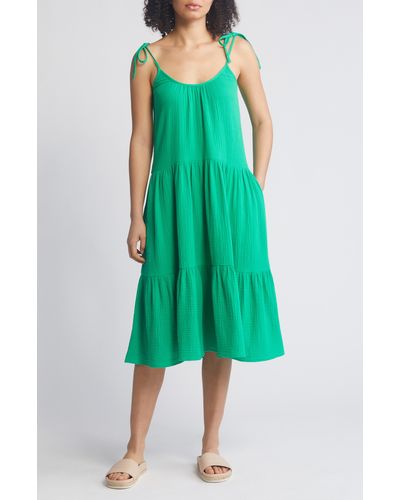 Caslon Caslon(r) Tie Strap Tiered Cotton Gauze Midi Dress - Green