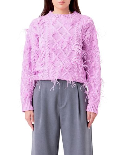 Endless Rose Feather Trim Cable Knit Sweater - Purple