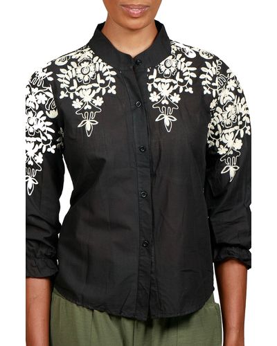 NIKKI LUND Floral Embroidered Cotton Blouse - Black