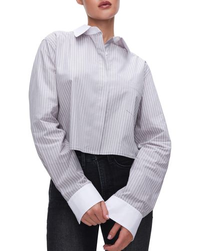 GOOD AMERICAN Stripe Crop Button-up Shirt - Gray