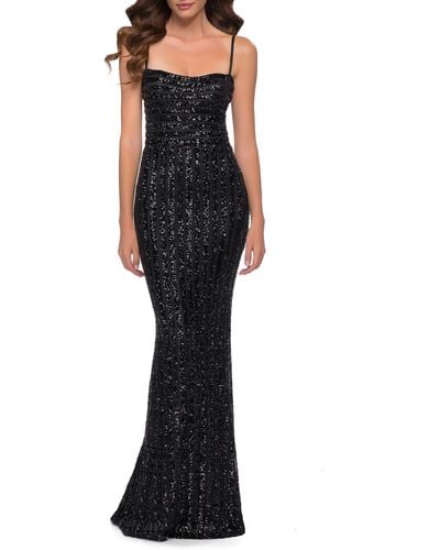 La Femme Stripe Pattern Sequin Evening Gown - Black