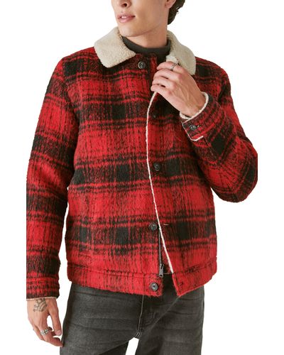 Lucky Brand Plaid Faux Shearling Lined Trucker Jacket - Red