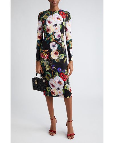 Dolce & Gabbana Floral Print Long Sleeve Charmeuse Sheath Dress - Black
