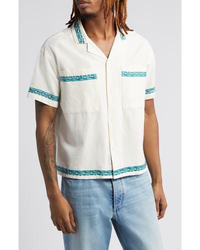 Native Youth Embroidered Short Sleeve Cotton & Linen Button-up Shirt - White