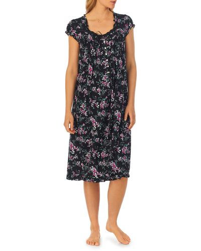 Eileen West Floral Cap Sleeve Waltz Jersey Nightgown - Black