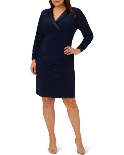 Adrianna Papell Long Sleeve Jersey Satin Tuxedo Dress - Blue