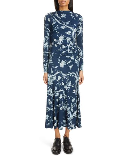 Erdem Floral Long Sleeve Ruched Jersey Dress - Blue