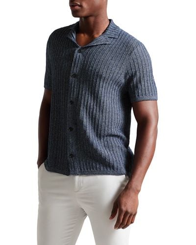 Ted Baker Proof Rib Short Sleeve Button-up Knit Shirt - Blue