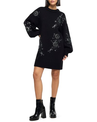 River Island Jessie Crystal Floral Embellished Long Sleeve Sweater Dress - Black