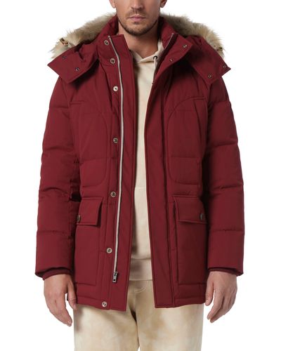 Andrew Marc Olmstead Hooded Down Puffer Jacket With Faux Fur Trim - Red