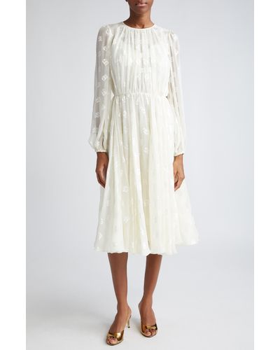 Dolce & Gabbana Logo Jacquard Long Sleeve Chiffon Dress - White