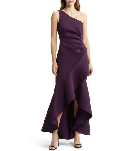 Eliza J One-shoulder Side Pleat Ruffle Gown - Purple