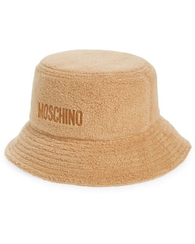 Moschino Logo Embroidered Teddy Fleece Bucket Hat - Natural