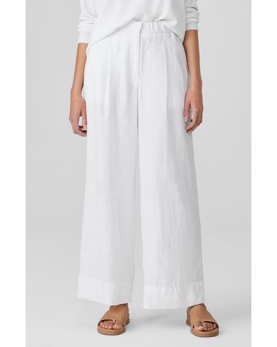 Eileen Fisher Pleated High Waist Organic Linen Wide Leg Pants - White