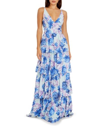 Dress the Population Lorain Floral Print Tiered Ruffle Gown - Blue