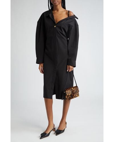 Jacquemus La Robe Chemise Long Sleeve Asymmetric Cotton Poplin Shirtdress - Black