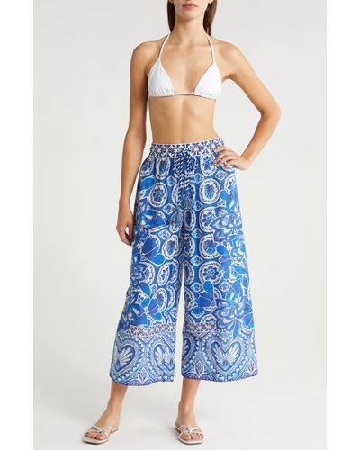 FARM Rio Tile Dream Wide Leg Cover-up Cotton Pants - Blue