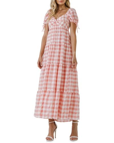 English Factory Gingham Knot Tiered Cotton Blend Midi Dress - Pink