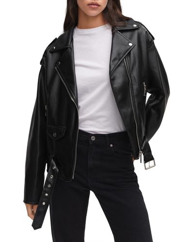 Mango Oversize Faux Leather Moto Jacket - Black