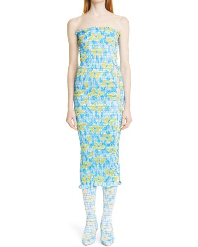 AMY CROOKES Floral Print Shirred Tube Dress - Blue