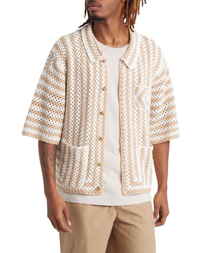 Checks Stripe Crochet Cotton Button-up Shirt - Natural
