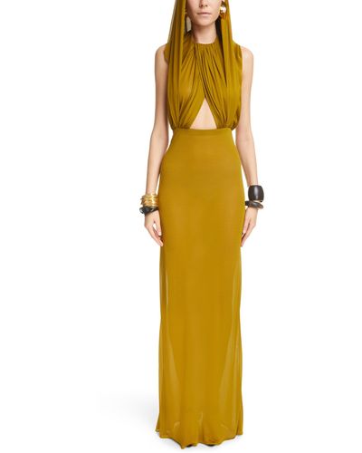 Saint Laurent Hooded Crepe Voile Jersey Gown - Yellow
