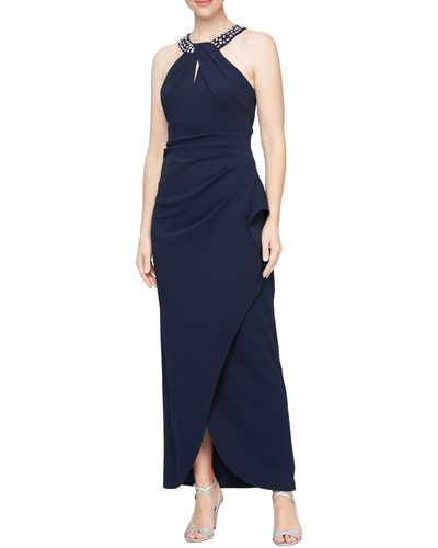 Sl Fashions Crystal Embellished Halter Neck Tulip Gown - Blue