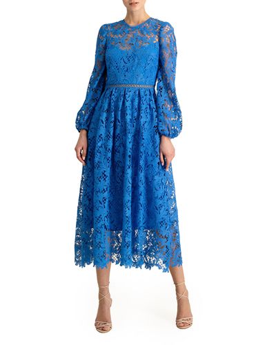 ML Monique Lhuillier Long Sleeve Lace Midi Cocktail Dress - Blue