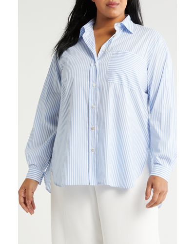 Marina Rinaldi Citrato Oversize Directional Stripe Cotton Blend Button-up Shirt - Blue
