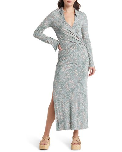 Free People Shayla Floral Long Sleeve Wrap Dress - Gray
