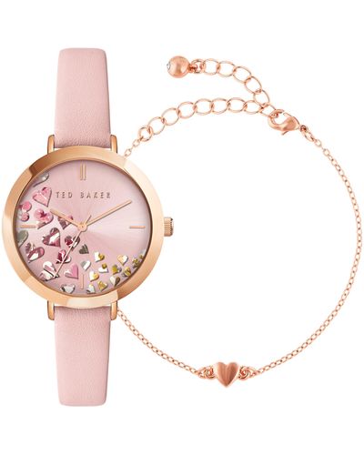 Ted Baker Ammy Hearts Leather Strap Watch & Bracelet Set - Pink