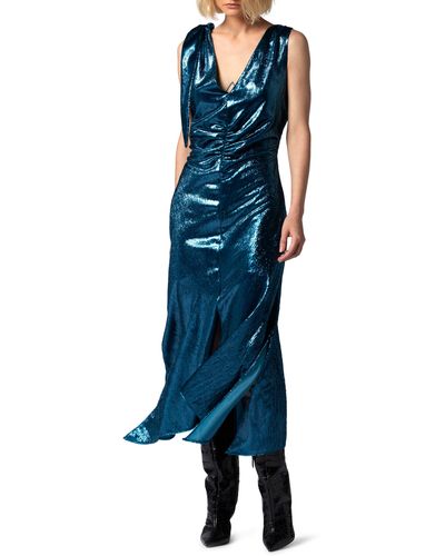Equipment Zoe Asymmetric Sleeveless Lamé Dress - Blue