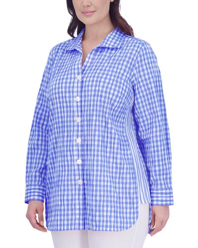 Foxcroft Pandora Gingham Cotton Blend Button-up Shirt - Blue