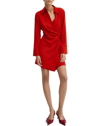 Mango Draped Long Sleeve Faux Wrap Shirtdress - Red