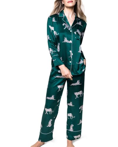 Petite Plume Panthre De Nuit Piped Mulberry Silk Pajamas - Green